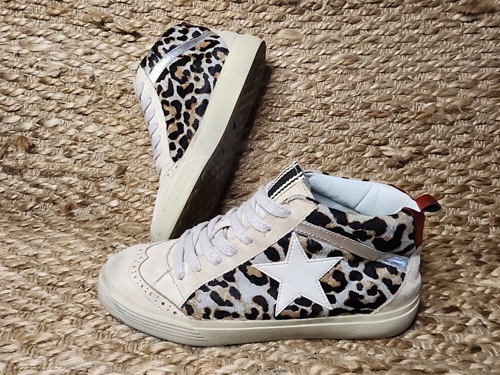 ShuShop Paulina Mid Top Leopard White Star Fashion Sneakers Shoes Size 8.5